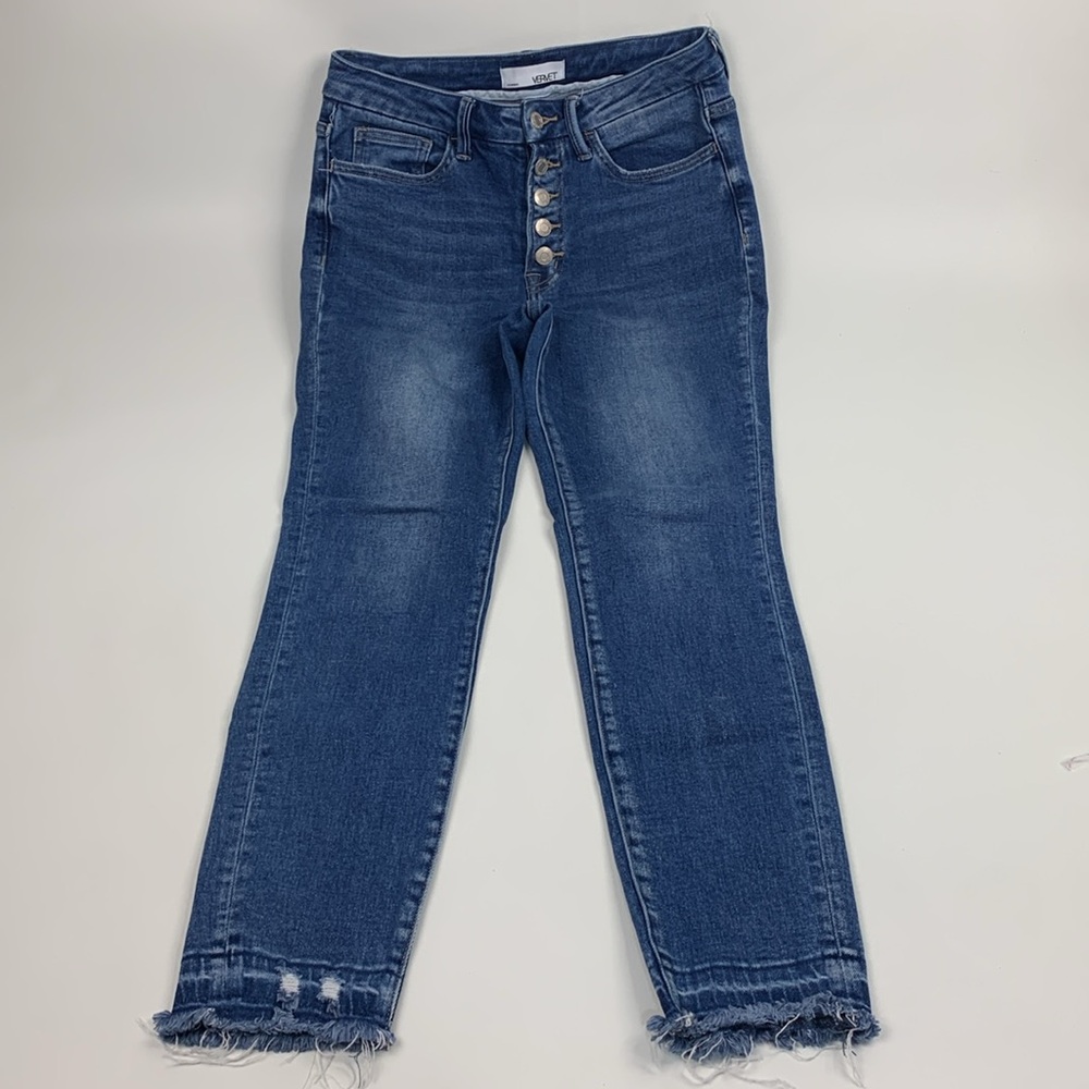 Vervet Button fly Crop ankle Jeans Raw distressed hem Size 27 stretch Med Wash